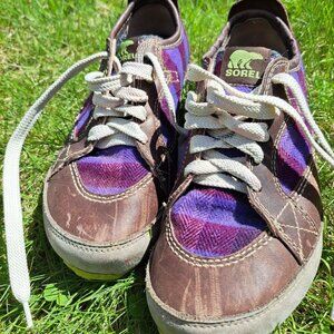 Sorel Mackenzie Sneaker/Boot - Women's size 7, plaid purple and brown leather